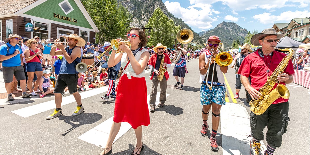 Adult marching band in 4th of July Parade on Frisco Main Street