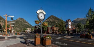 Frisco clock on Main Street with Wichita Mountain in the background
