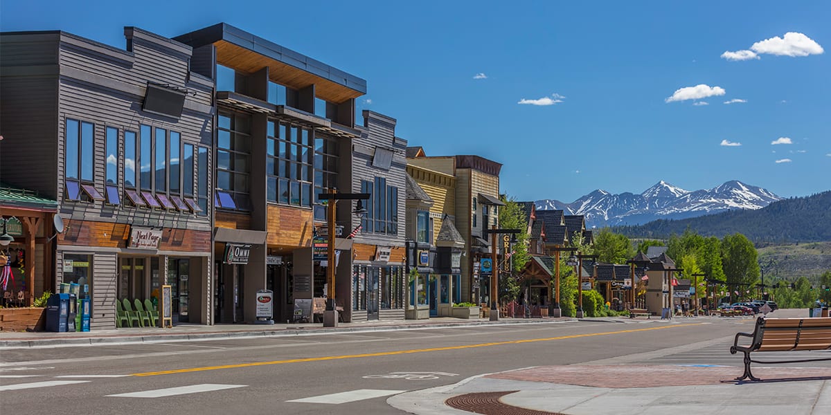 Frisco Main Street with Greys and Torreys Mountain in the background