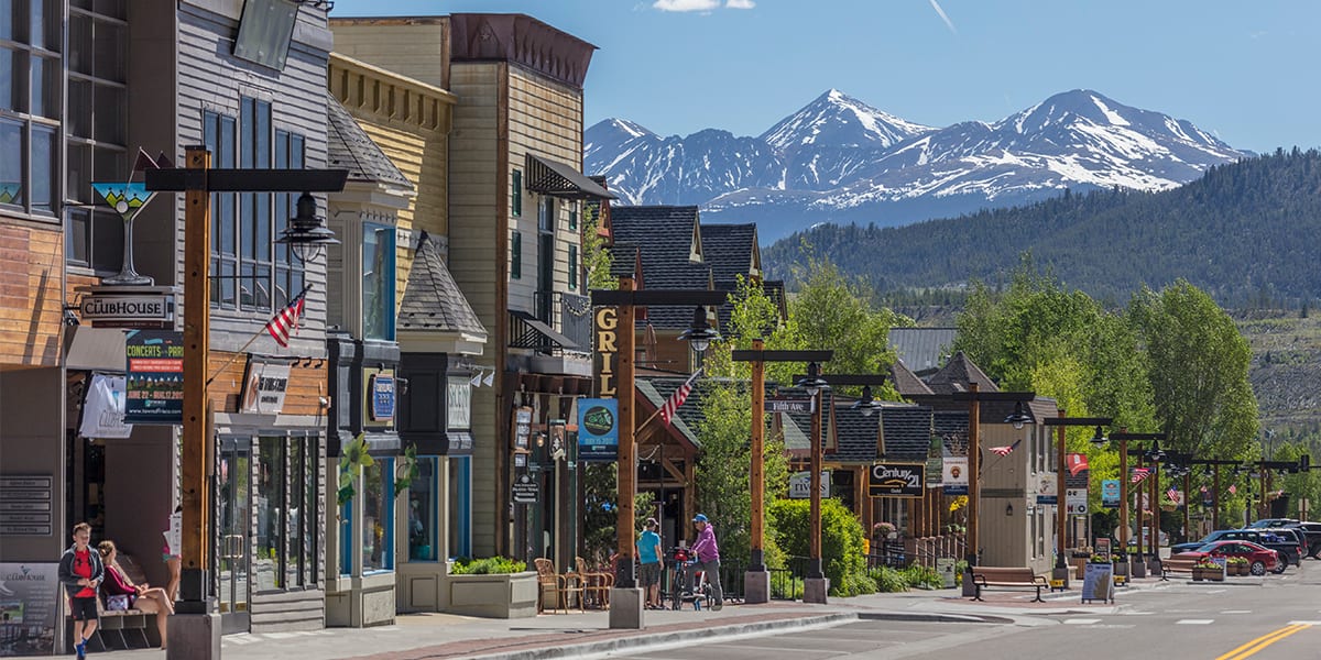 Frisco Main Street businesses and Greys and Torreys mountain in the background