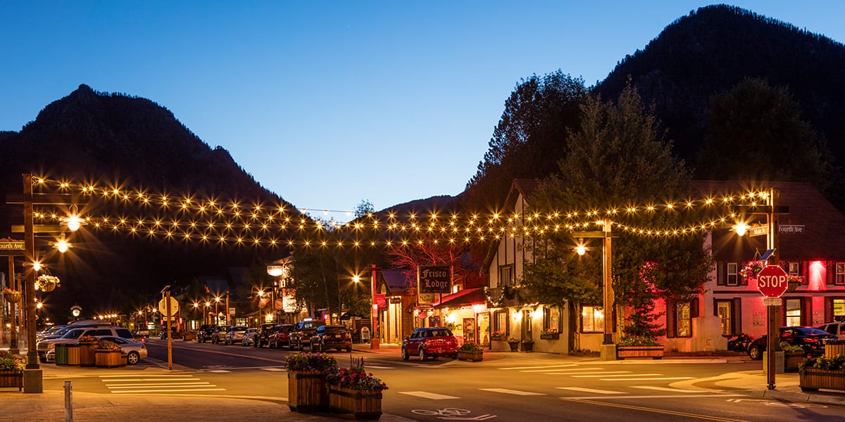 String lights over Main Street and Fourth Avenue in Frisco at dusk