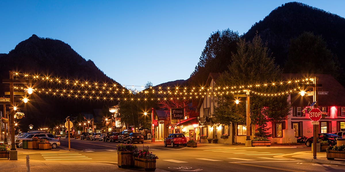 String lights over Main Street and Fourth Avenue in Frisco at dusk