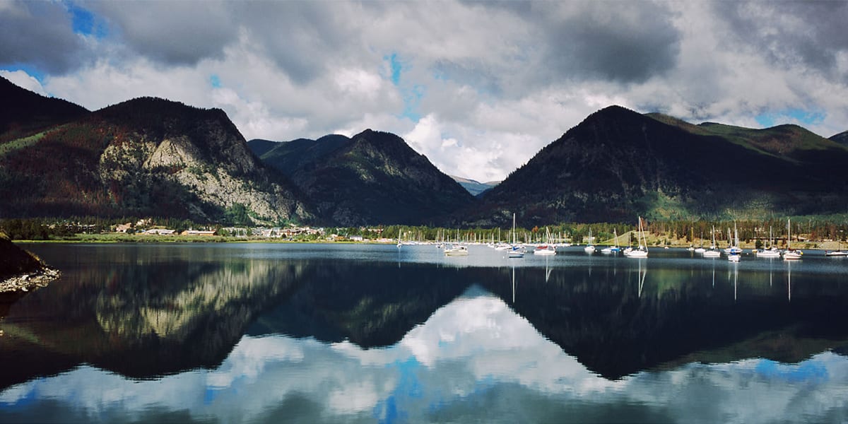 Reflection of mountains on Dillon Reservoir in Frisco