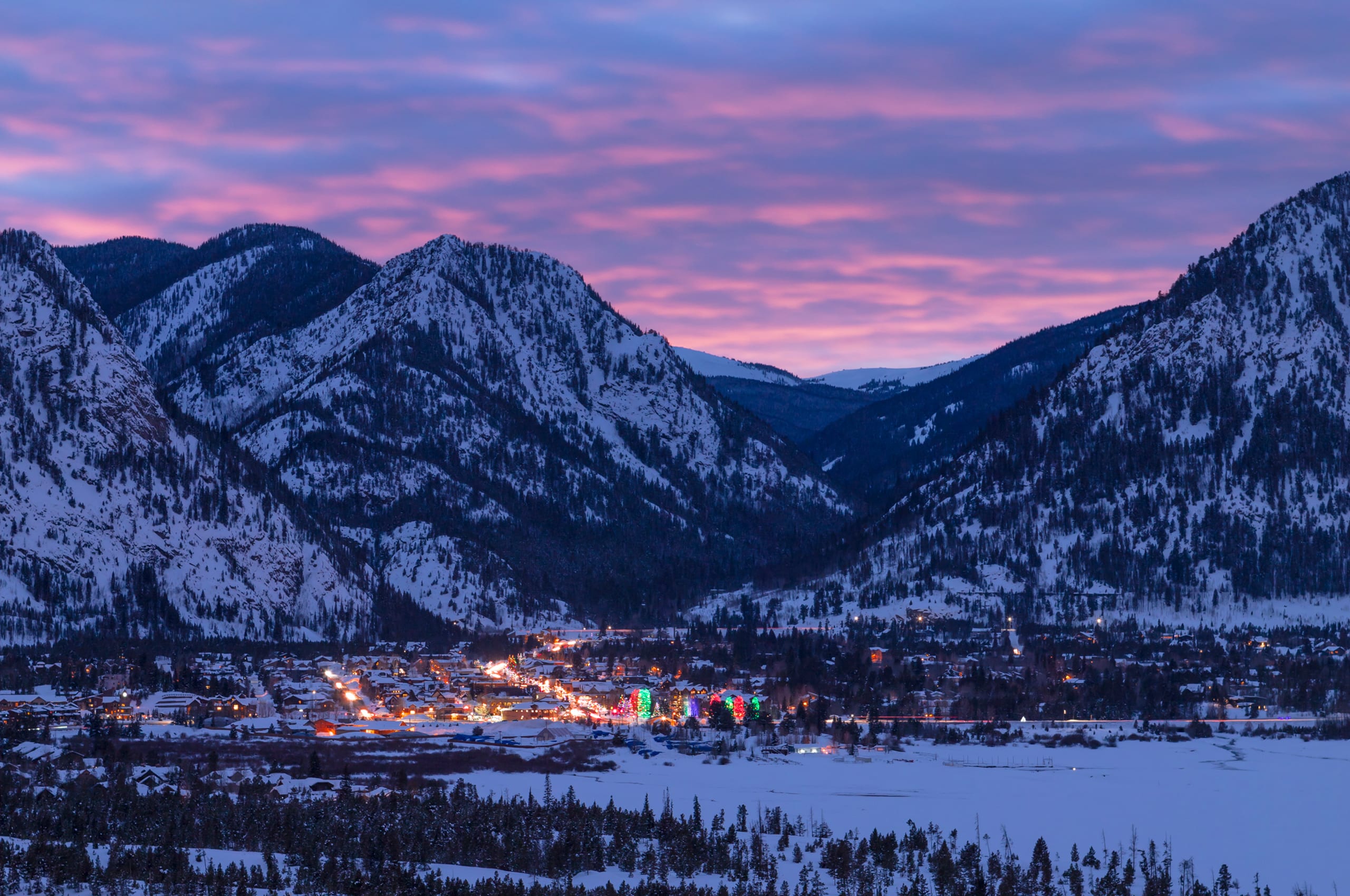 View of Frisco at dusk with sunset and lights