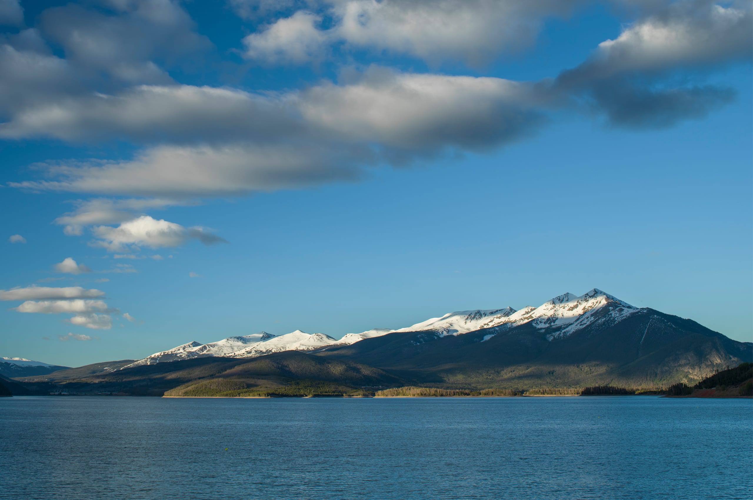 Dillon Reservoir and Ten Mile Mountain Range with snow