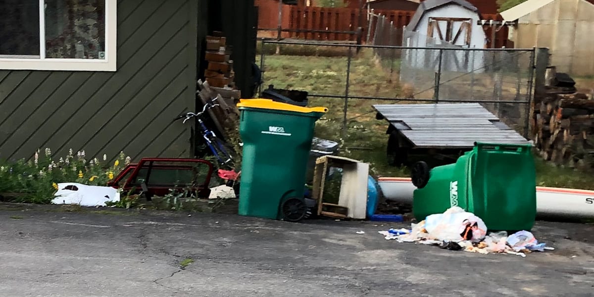Trash can overturned in a driveway by a bear