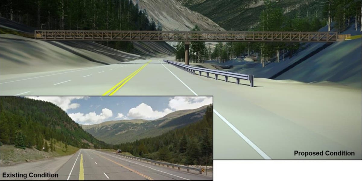 Rendering of new pedestrian bridge over Hwy 91/Fremont Pass and photo of existing conditions in that location without a bridge