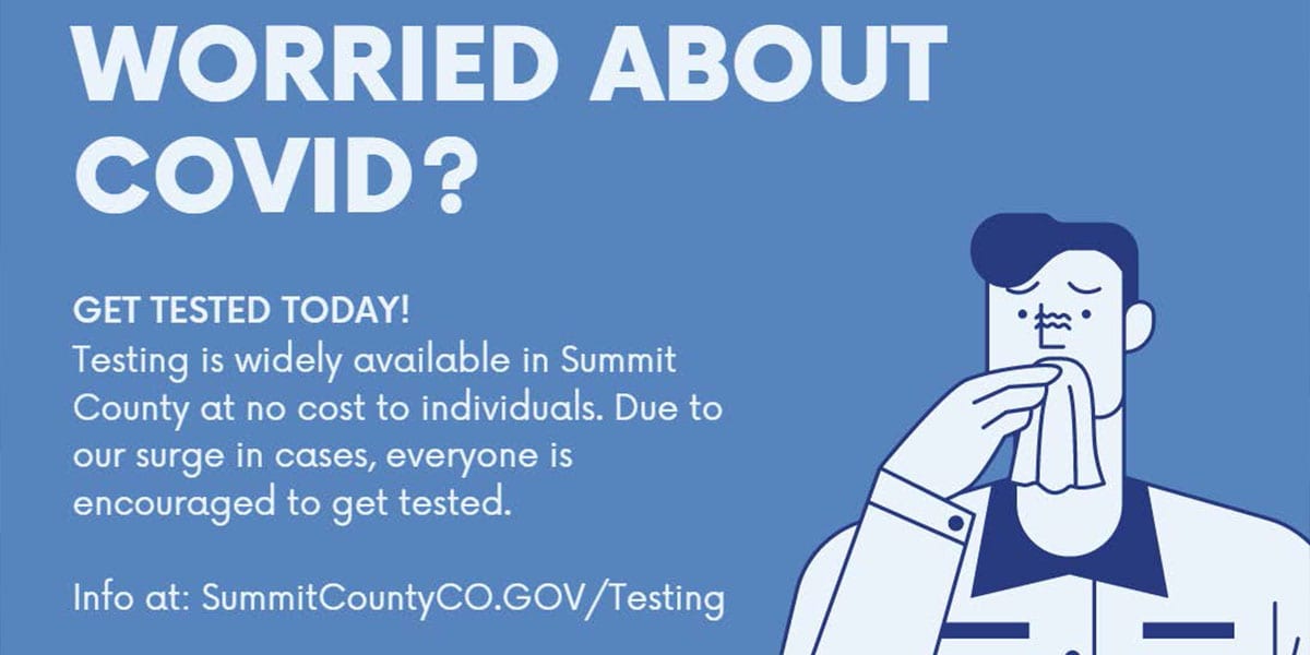 Worried About COVID? graphic with a person blowing their nose and encouraging folks to get tested