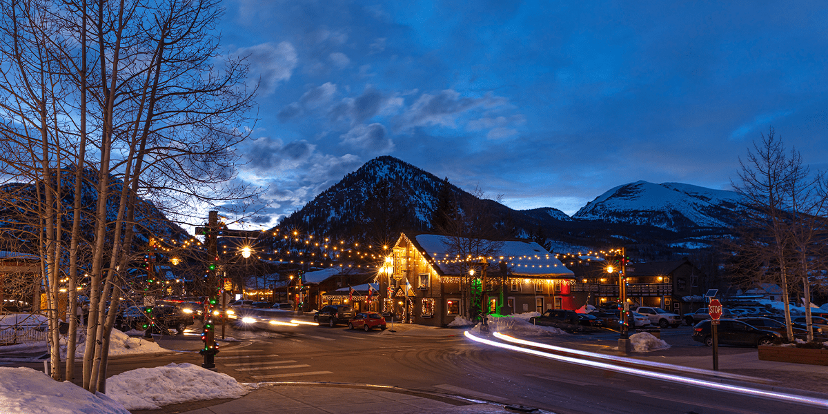 Main Street at twilight facing Frisco Lodge