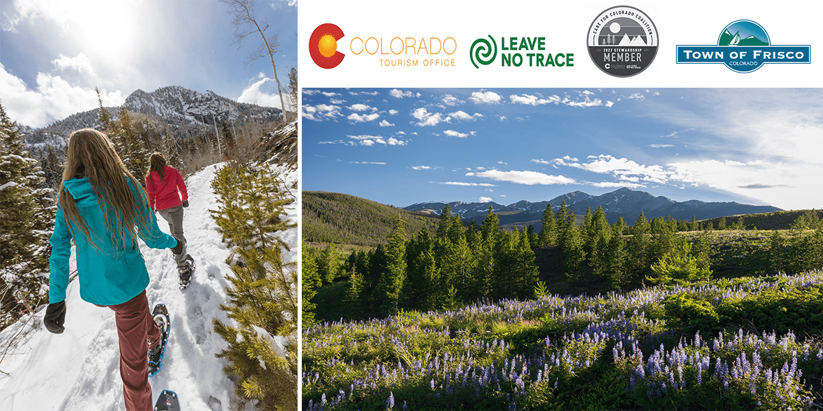 Collage of summer wildflower photo and winter snowshoeing photo with Colorado Tourism Office and Town of Frisco Logos