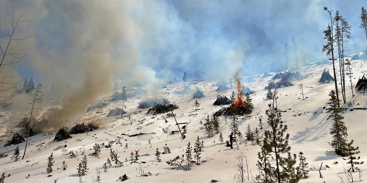 Timber piles being burned on snow during a planned controlled burn