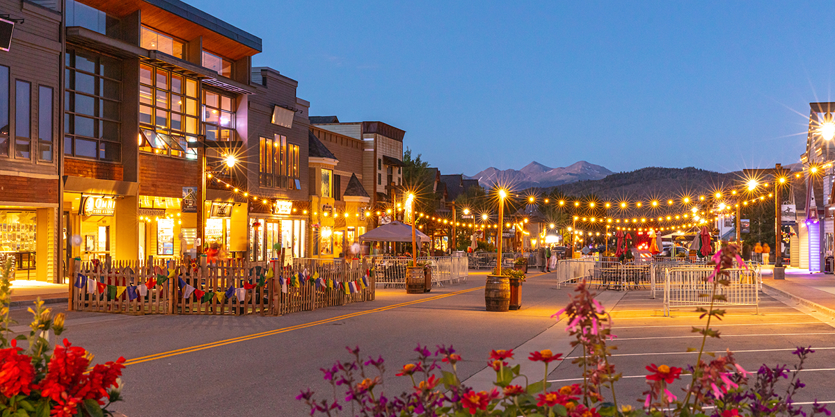 Dusk over the Main Stree Promenade with red flowers in the foreground