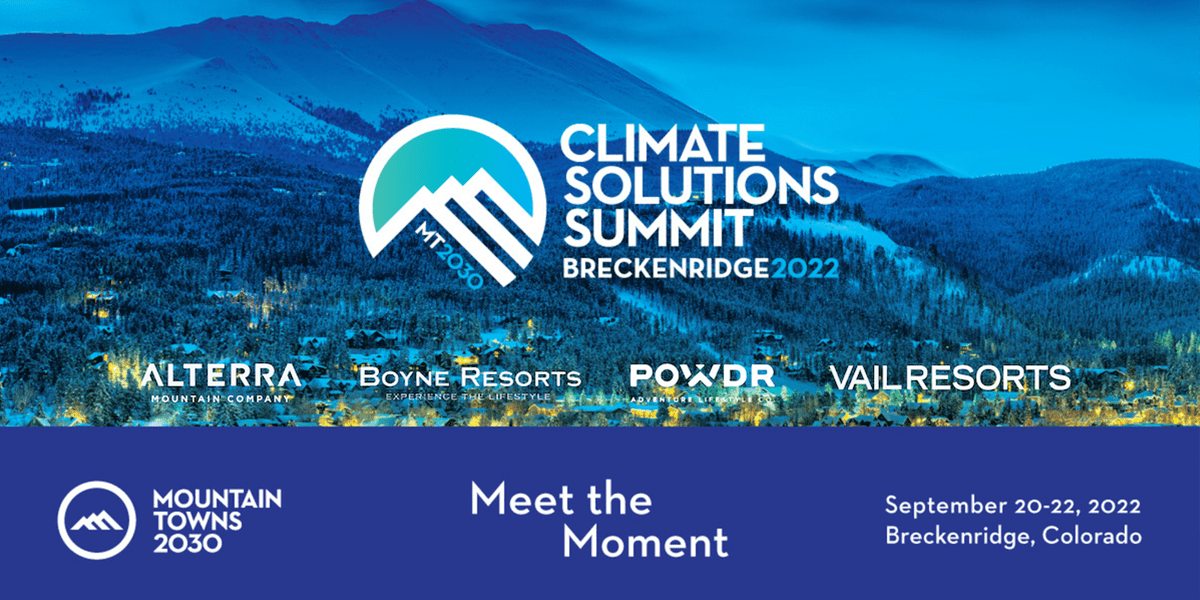 Flyer for Climate Solutions Summit in Breckenridge, snowy mountains in the background