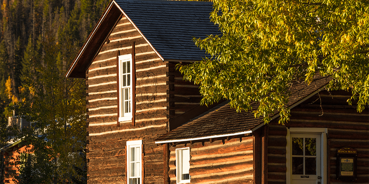 Closeup of old cabin at Historic Park with yellowing leaves in front