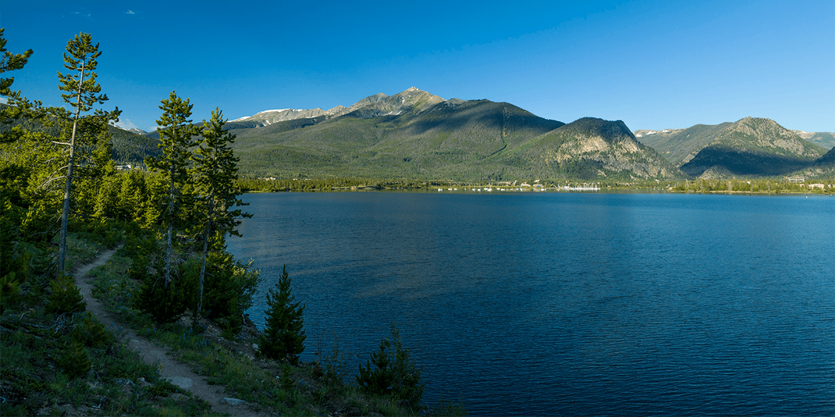 Dillon Reservoir in the summer with Peak 1 in the background