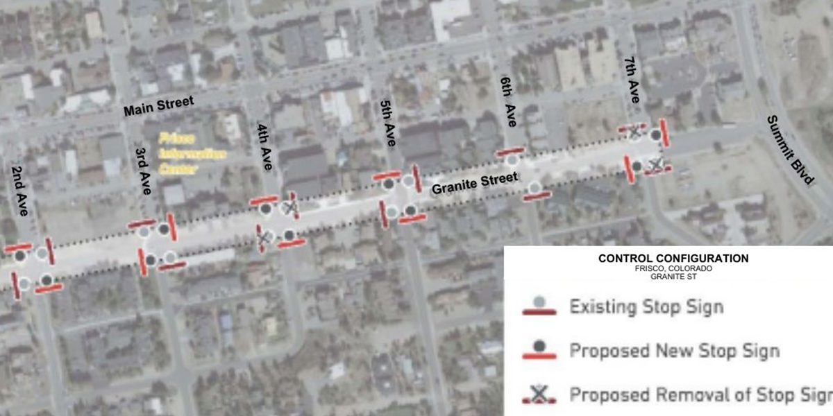 Map showing Granite Street stop sign changes in April 2023