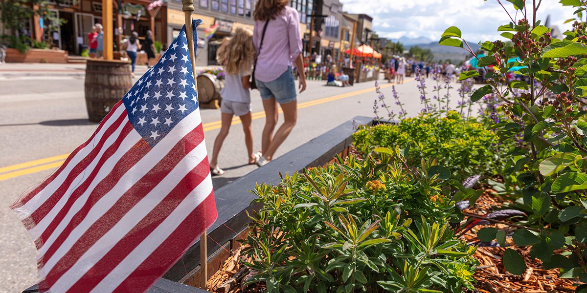 Planter with US flag on Main Street Frisco