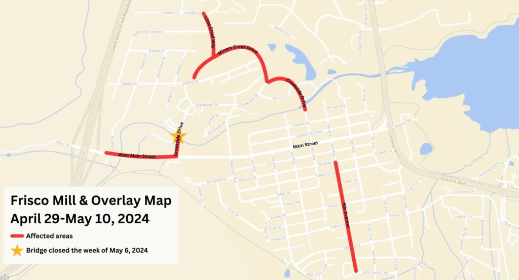 Frisco Mill and Overlay Map for work being conducted April 29-May 10, 2024