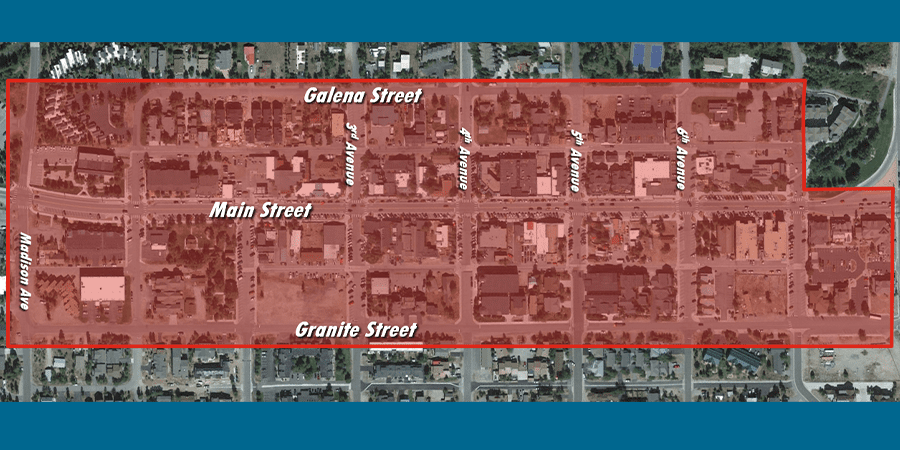 Highlighted map of Frisco core area. Impacted area spans from Galena Street to Granite Street, and Madison Avenue to 7th Avenue