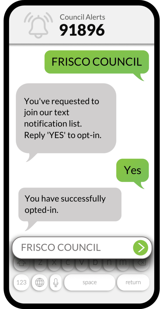 A smartphone text message screen showing an example of a Frisco Town Alert notification