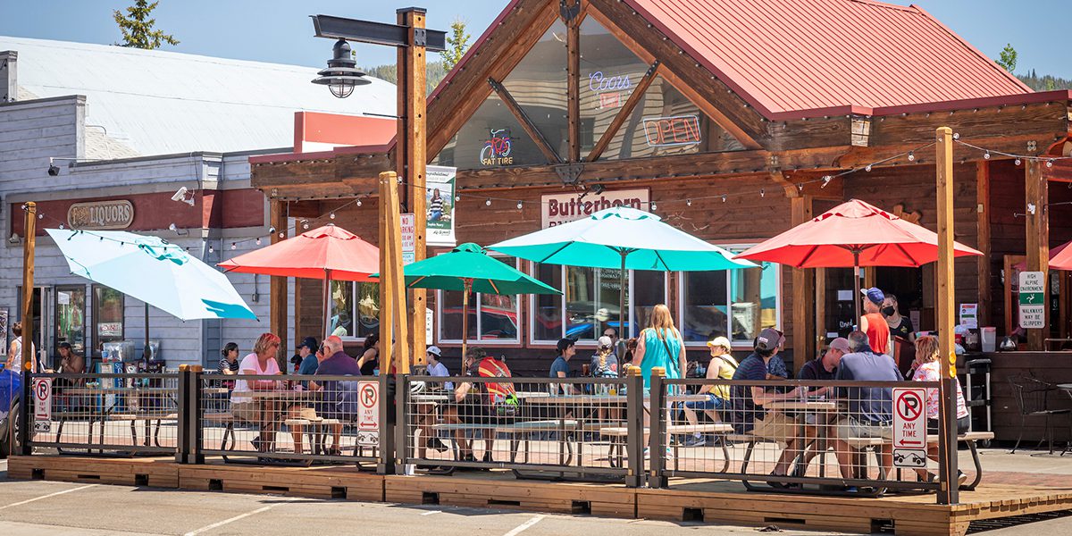Butterhorn bakery with parklets out in front on Main Street Frisco