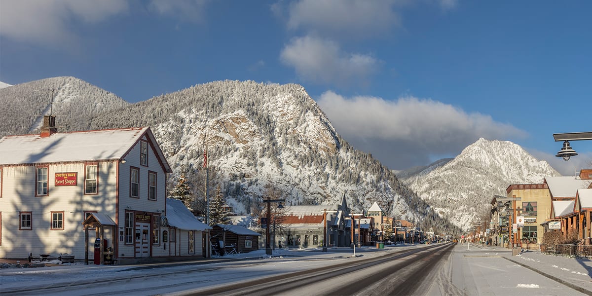 Main street Frisco during a snowy, but sunny day in winter