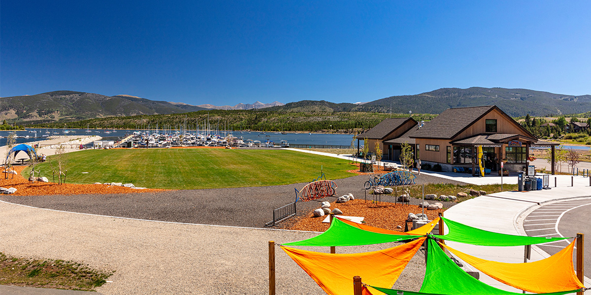 Frisco Bay Landing building and Lighthouse Lawn at the Frisco Bay Marina