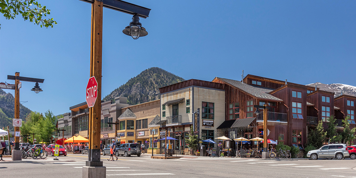 View of buildings at Main Street and 5th Avenue intersection in Frisco