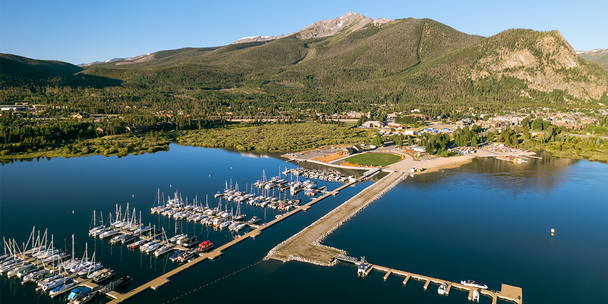 Aerial shot of the Frisco Bay Marina with Peak One in the background