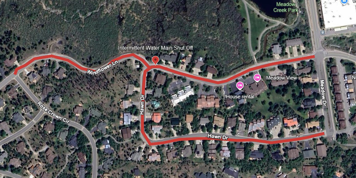 Map of water shut offs on Hawn Drive & Wildflower Lane on Dec 1 & 2, 2025